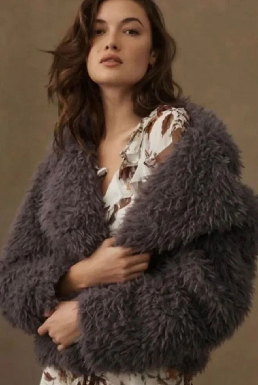 Anthropologie Shaggy Faux Fur Teddy Jacket Dusty Plum Mauve Gray Size S